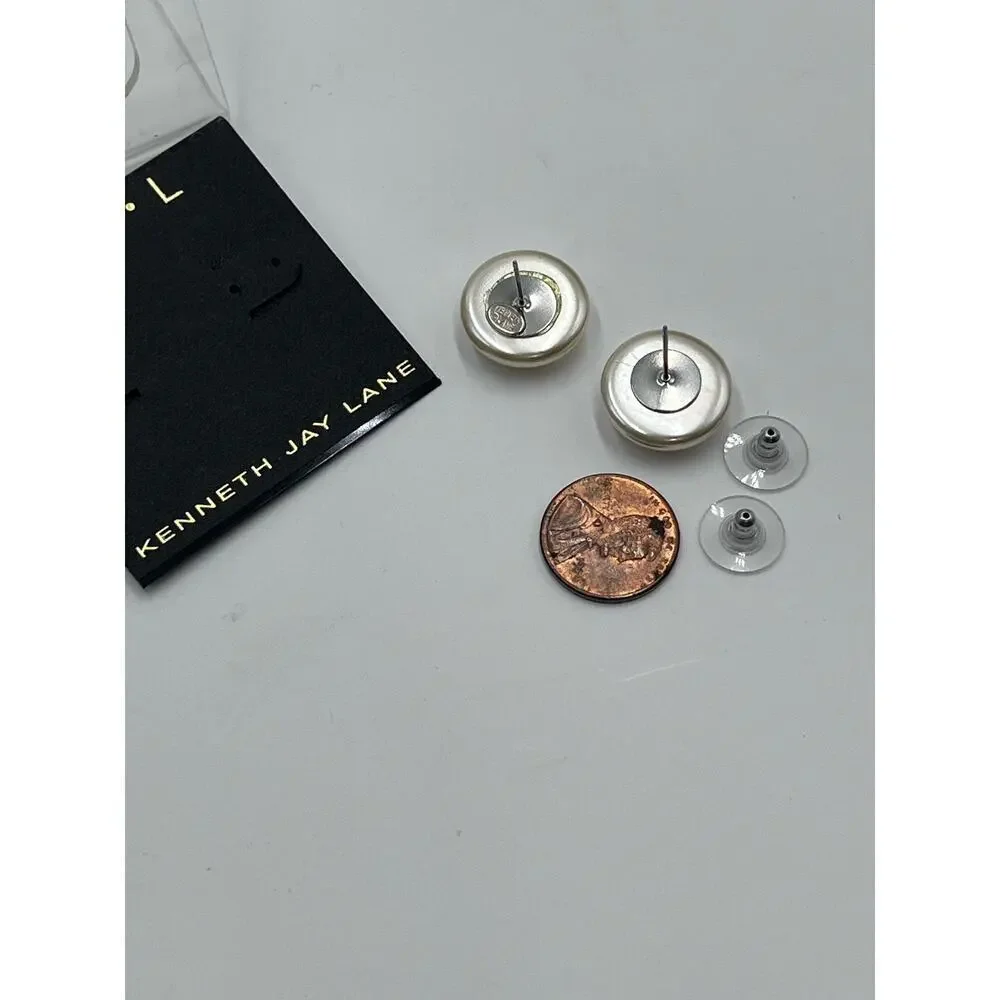 Kenneth Jay Lane KJL‎ Silver Tone Round Faux Pearl Ivory Pierced Stud Earrings - Picture 9 of 13